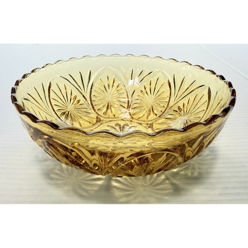 ANCHOR HOCKING Vintage Medallion Honey Gold Amber Egg Pattern Bowl Candy Dish